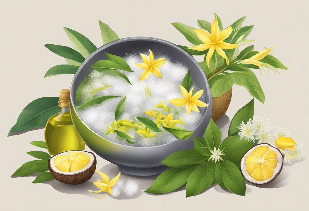 A bowl of ylang-ylang and coconut water steaming on a table, surrounded by various herbs and flowers