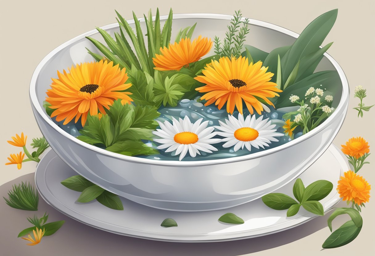 A bowl of steaming water with calendula and aloe vera, surrounded by various herbs and flowers