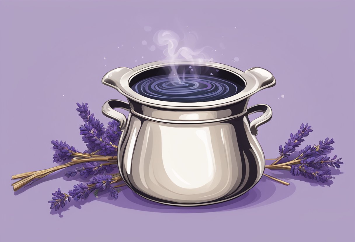 A pot of steaming water with licorice root and lavender, releasing a fragrant mist