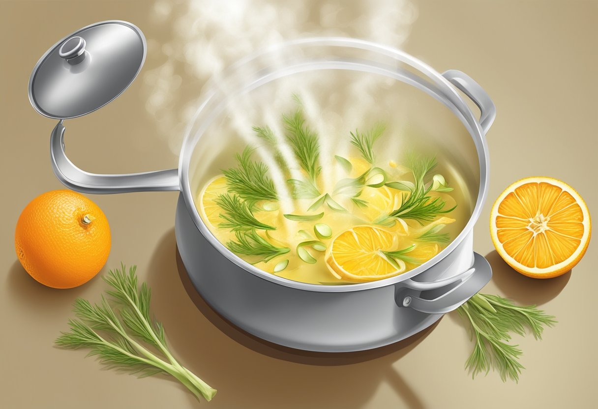 Fennel seeds and orange peel simmer in a pot of steaming water, releasing a rejuvenating aroma