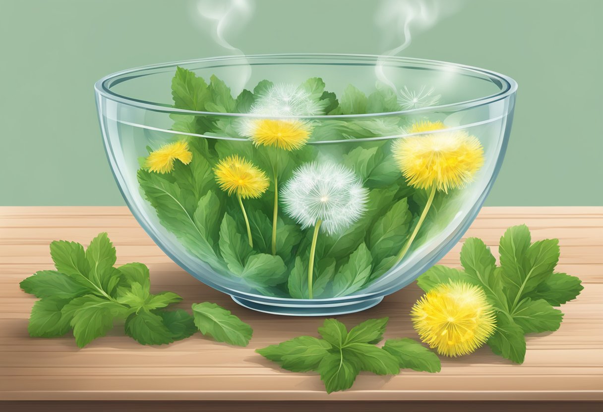 A clear glass bowl filled with dandelion and peppermint leaves steaming on a table