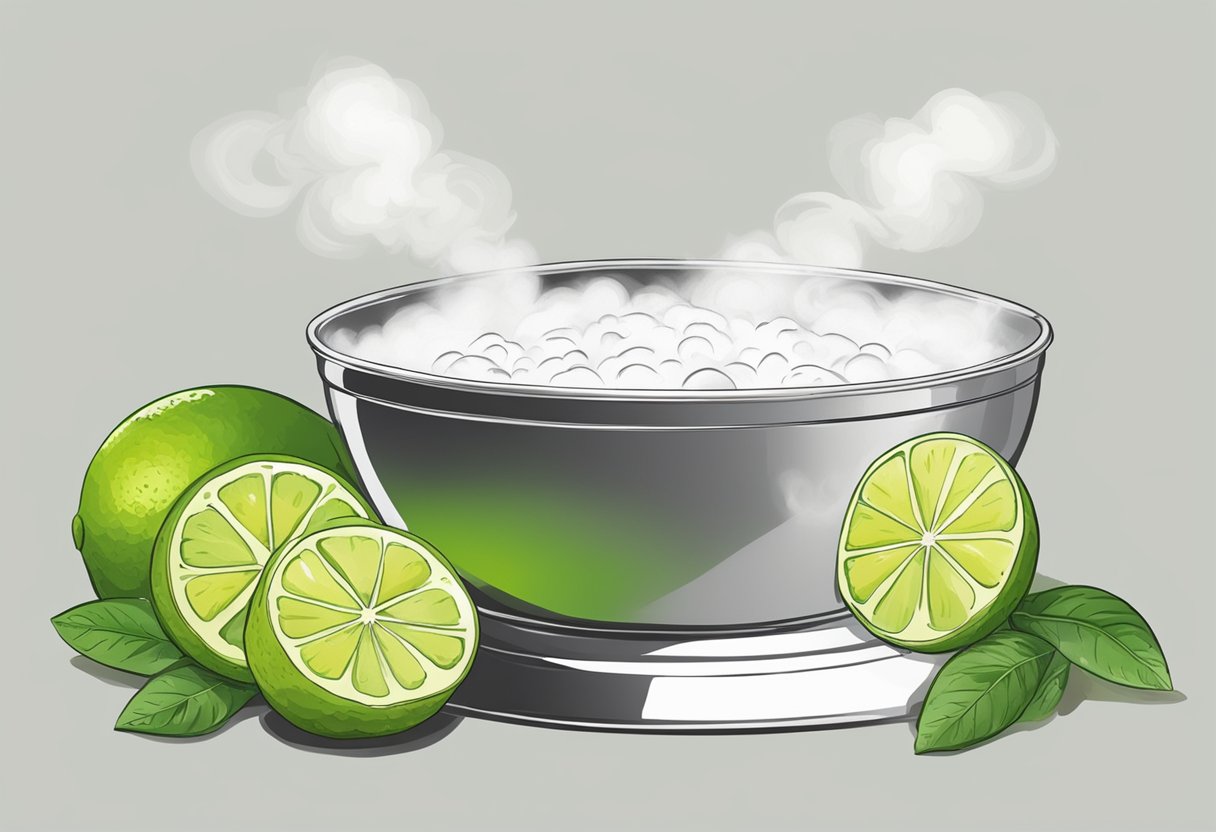 A steaming bowl with bergamot and lime, emitting invigorating vapors. Ingredients lay beside, ready to be mixed