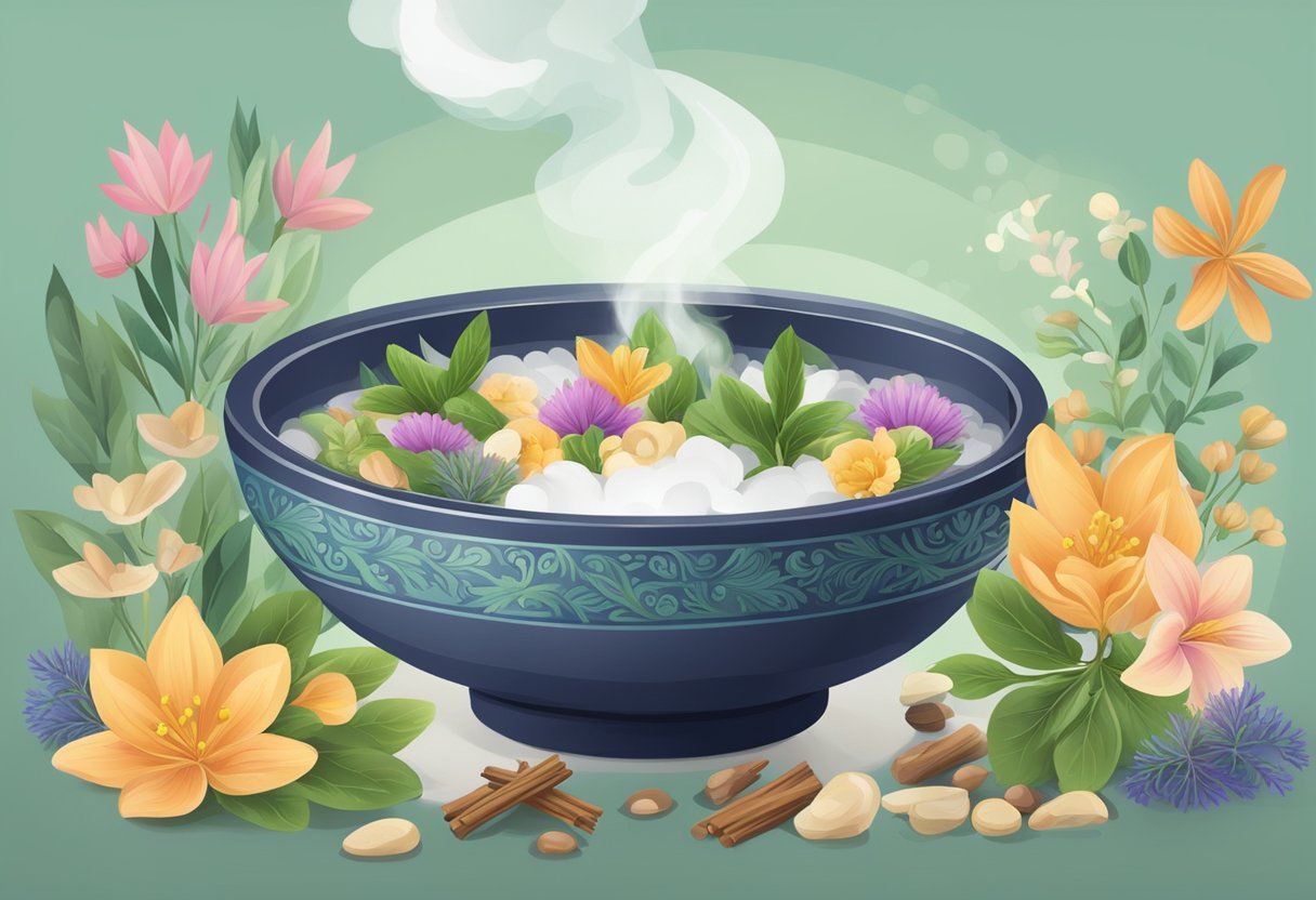 A bowl of steaming water with sandalwood and frankincense, surrounded by various herbs and flowers, releasing a calming aroma
