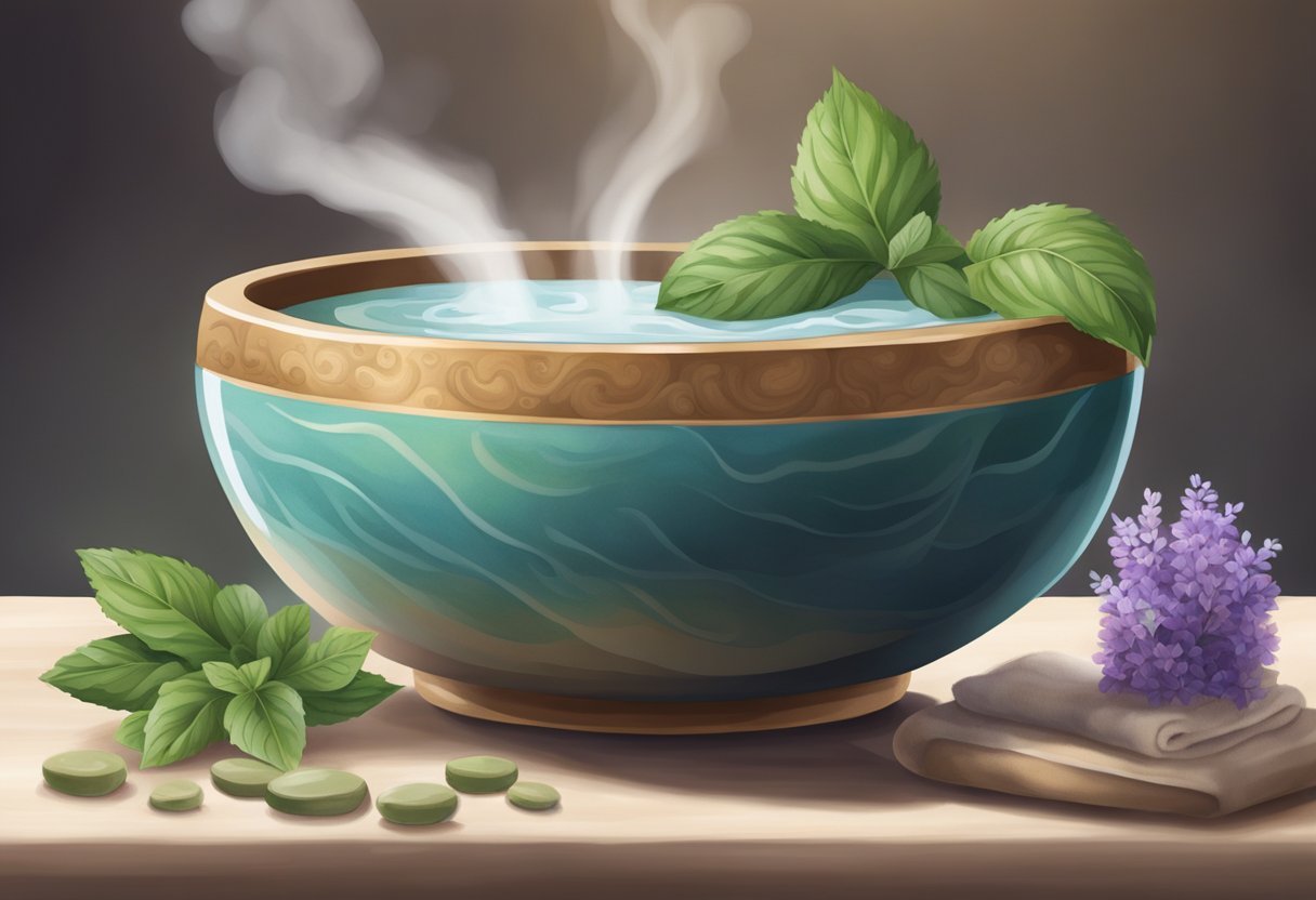 A ceramic bowl filled with steaming water, infused with patchouli and vetiver essential oils. A soft towel draped over the bowl, releasing a calming aroma