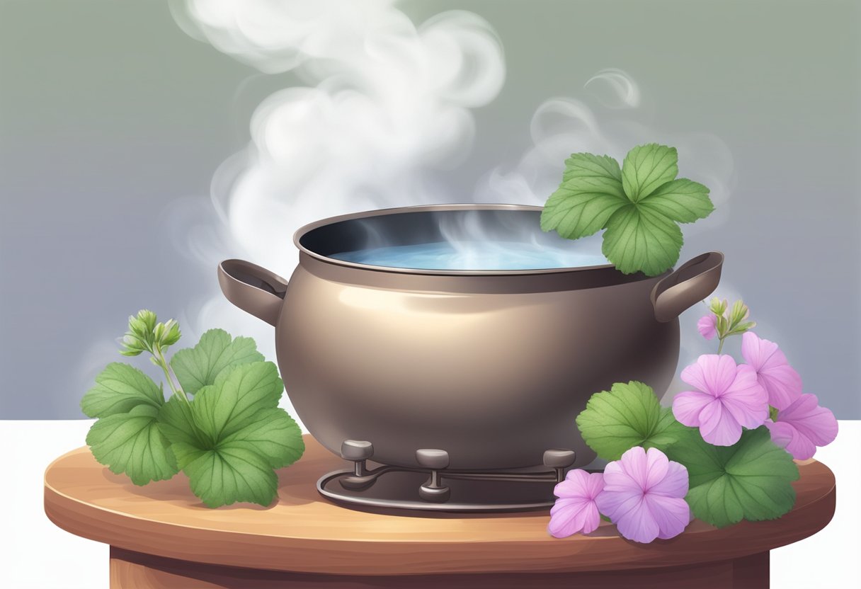 A pot of steaming water with geranium and clary sage. Aromatic vapors rise, creating a detoxifying facial steam