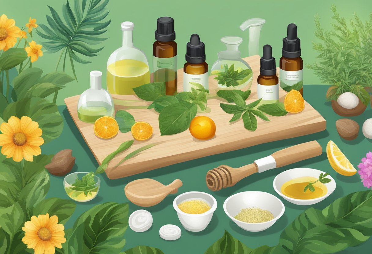 A table filled with various natural ingredients and essential oils, along with containers and mixing tools, set against a backdrop of lush green plants and flowers