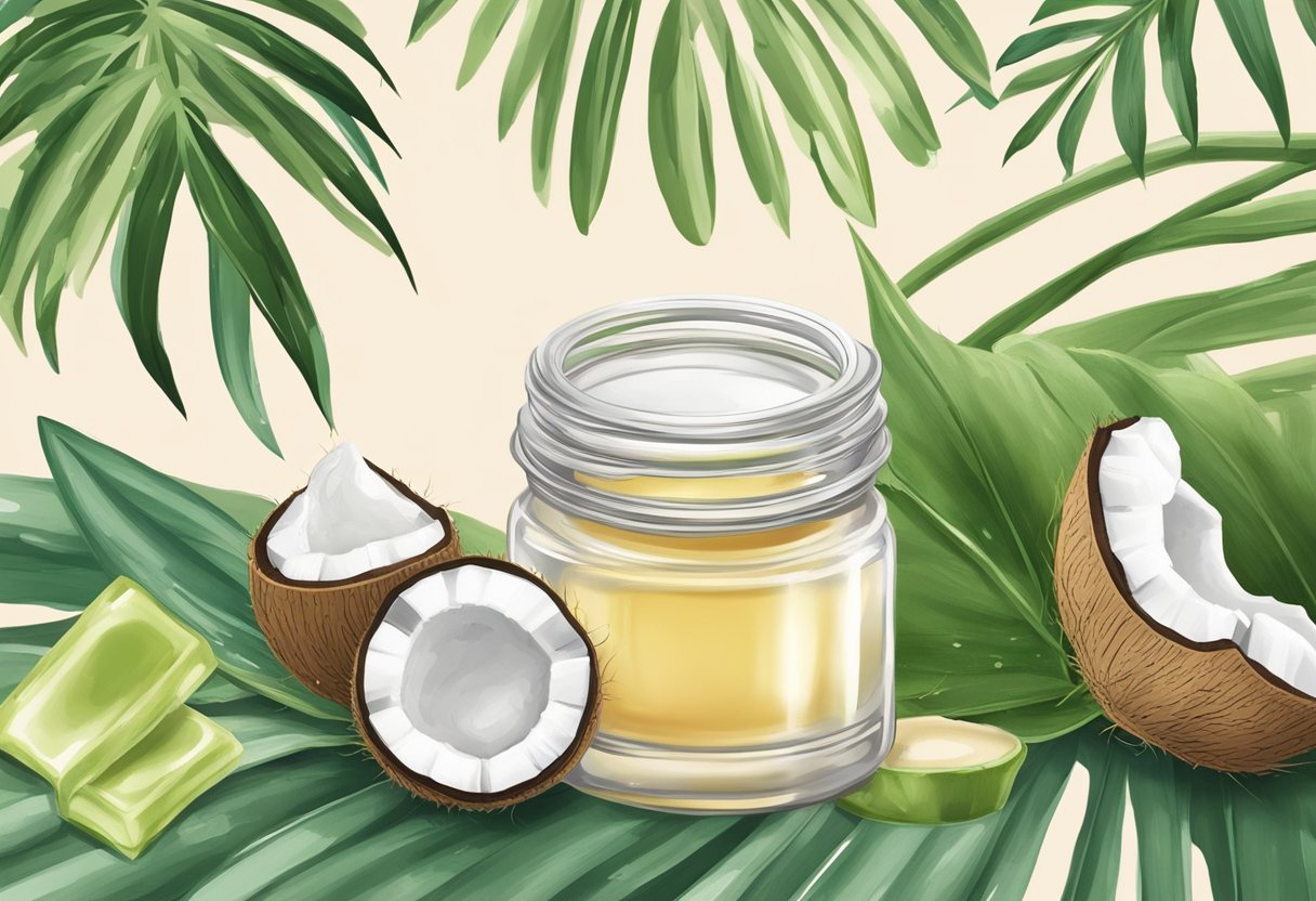 A glass jar filled with homemade lip gloss, surrounded by coconut oil and aloe vera leaves
