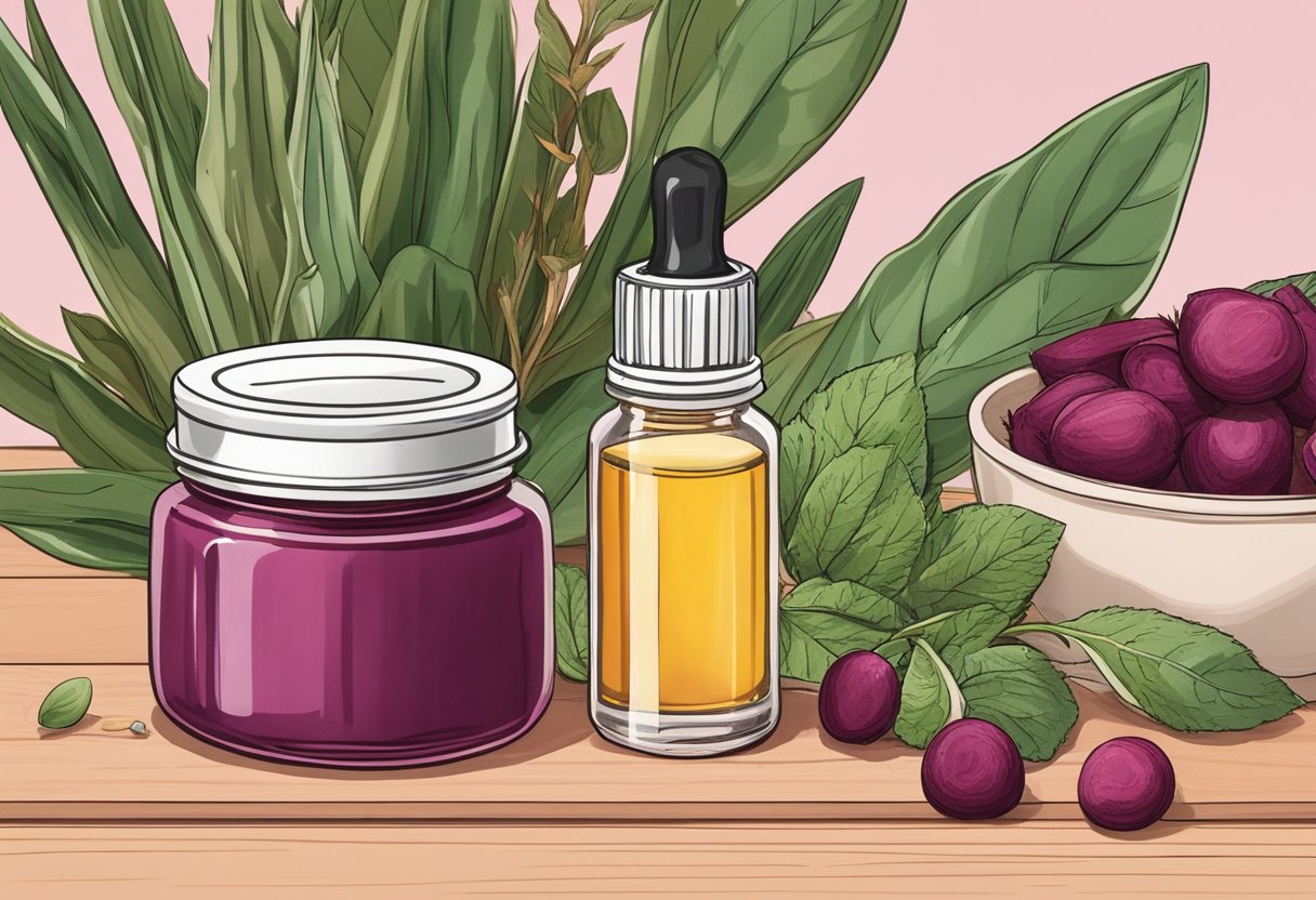 A small glass jar filled with almond oil and beetroot tinted lip gloss sits on a wooden table surrounded by various plant-based ingredients and essential oils