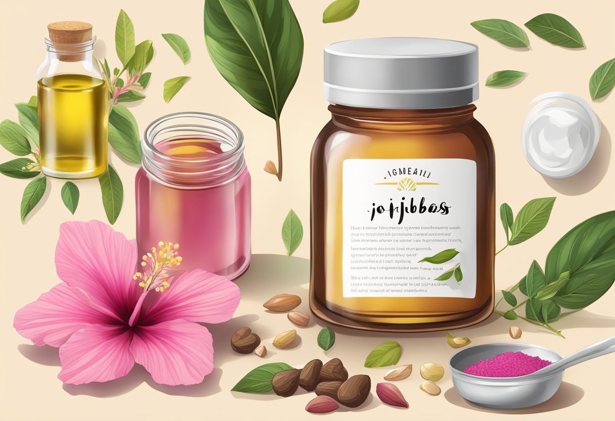 A glass jar filled with jojoba oil and hibiscus petals, surrounded by ingredients and recipe book for homemade plant-based lip gloss