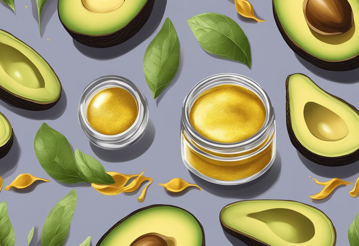 A small glass jar filled with golden shimmer lip gloss, surrounded by fresh avocados and turmeric roots on a wooden cutting board