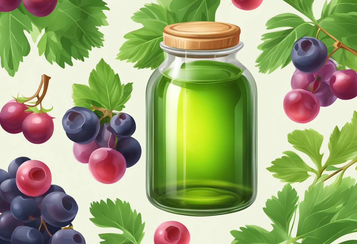 A small glass jar filled with grapeseed oil and berry juice, surrounded by fresh berries and green leaves