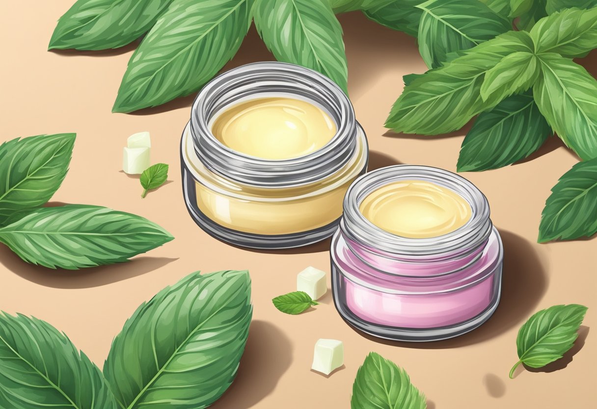 A small jar of homemade lip gloss sits on a wooden table, surrounded by fresh peppermint leaves and a container of shea butter