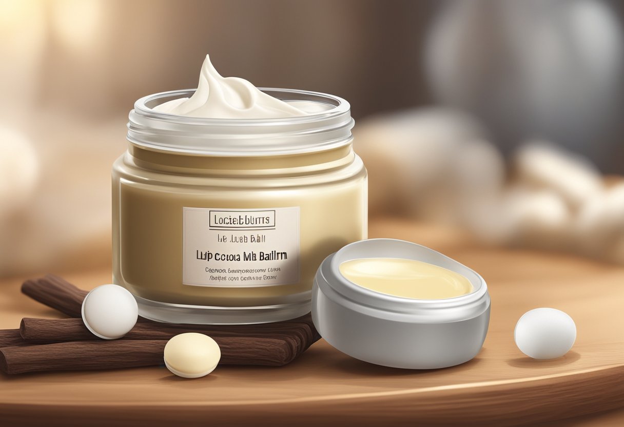 A small jar of lip balm sits on a wooden table, surrounded by cocoa butter and vanilla beans. The glossy balm glistens in the soft light, inviting and luxurious