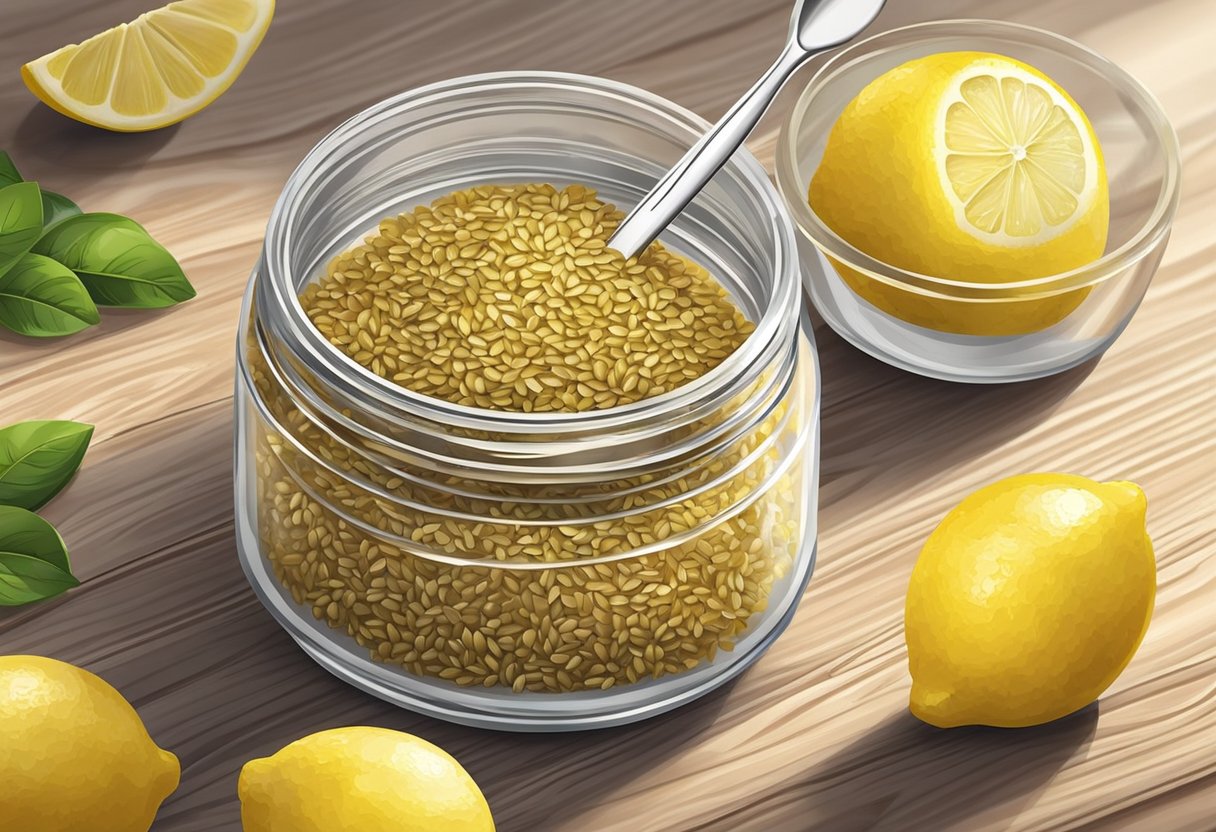A small glass jar filled with flaxseed gel and lemon lip gloss, surrounded by fresh lemons and flaxseeds on a wooden table