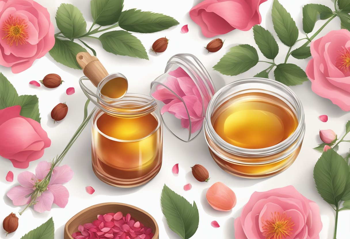 A glass jar filled with rosehip oil and rose petals, surrounded by various plant-based ingredients and recipe books for homemade lip gloss