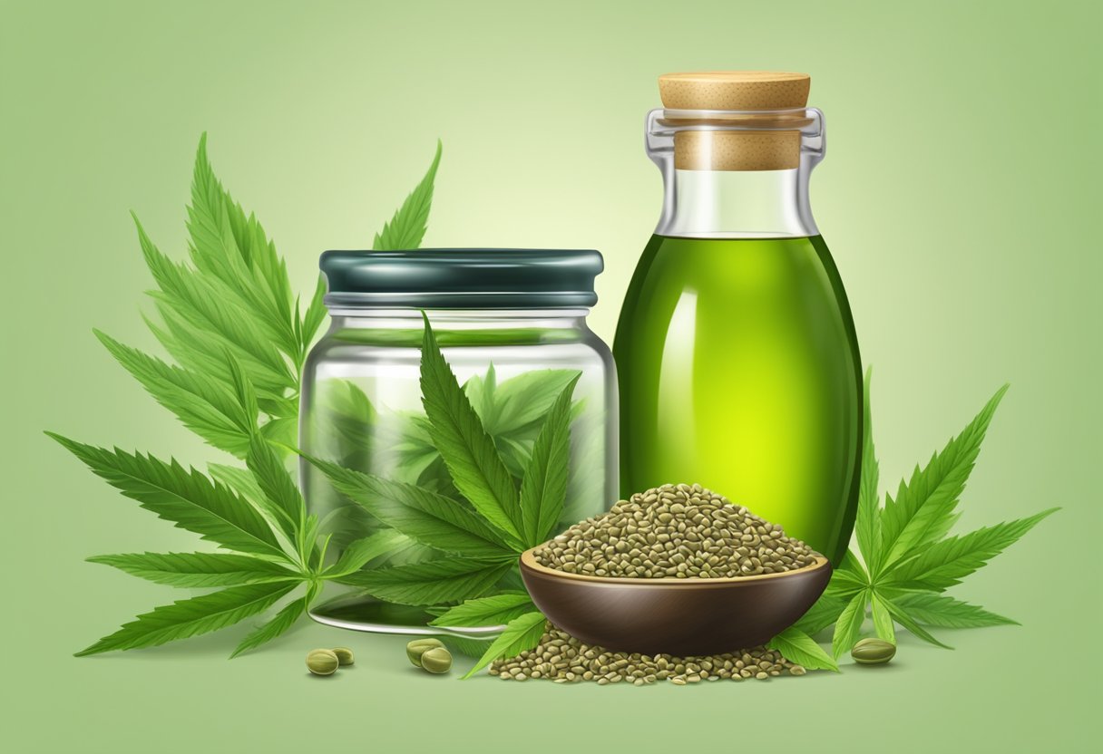 A glass jar filled with hemp seed oil and green tea extract, surrounded by fresh green tea leaves and hemp seeds