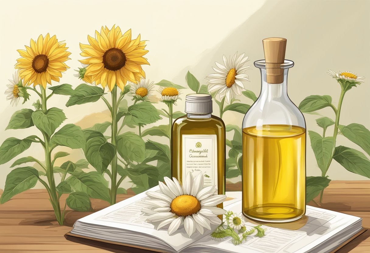 A glass bottle of sunflower oil next to a chamomile plant, with a small jar of homemade lip gloss and recipe book nearby