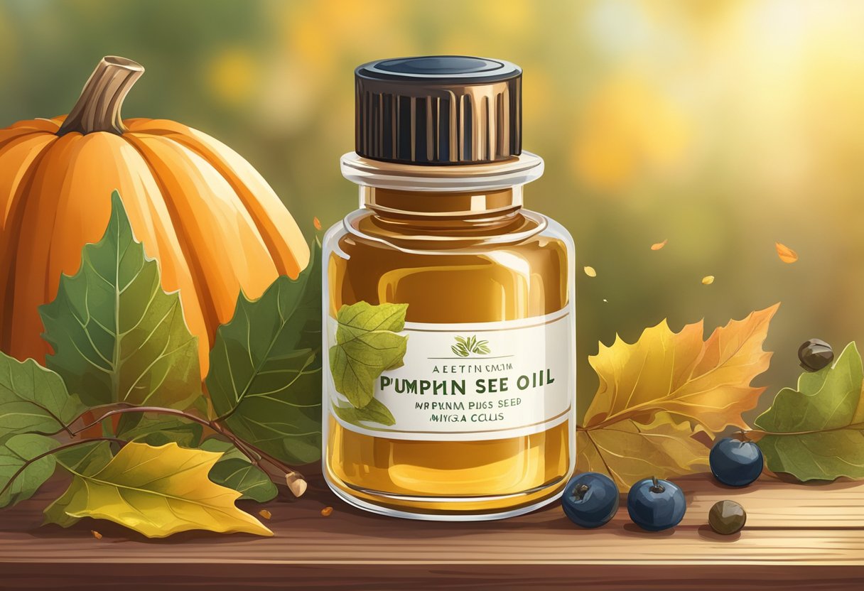 A small glass jar filled with pumpkin seed oil and copper mica lip gloss sits on a rustic wooden table surrounded by autumn leaves and berries