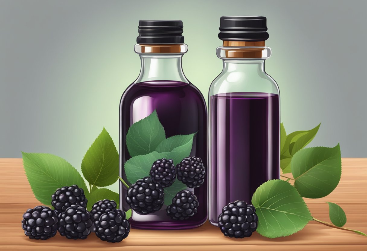 A small glass bottle of blackberry extract and eucalyptus oil sits on a wooden table, surrounded by fresh blackberries and eucalyptus leaves
