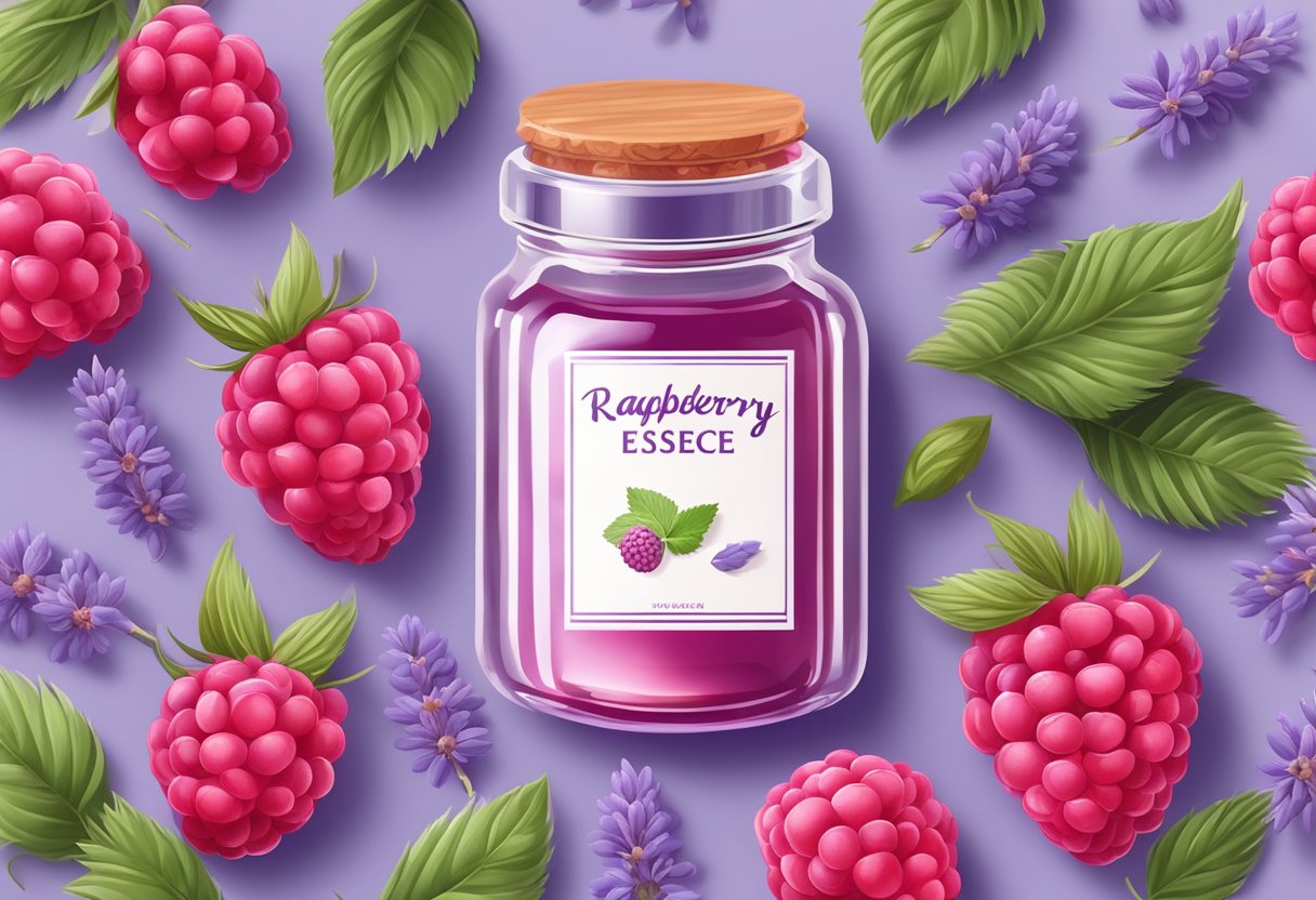 A glass jar filled with raspberry seed oil and lavender essence, surrounded by fresh raspberries and lavender flowers