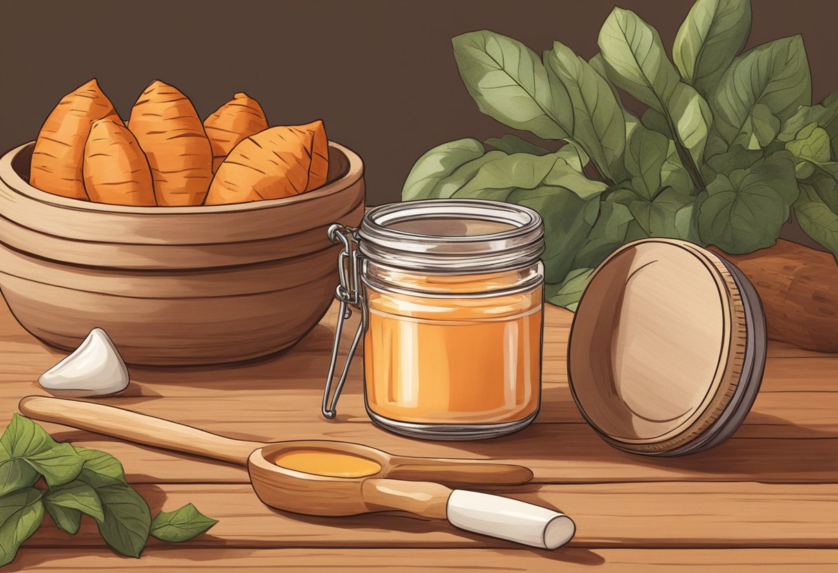 A small jar of homemade lip gloss sits on a wooden table, surrounded by fresh sweet potatoes and ginger. The warm colors and natural ingredients create a cozy and inviting scene