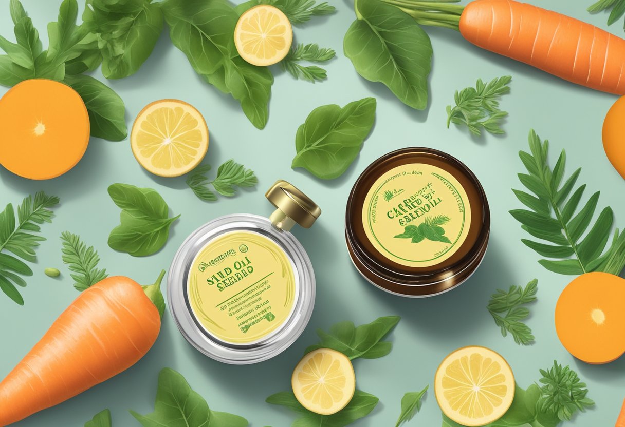 A small glass jar filled with carrot seed oil and papaya lip gloss sits on a wooden table surrounded by fresh plant-based ingredients