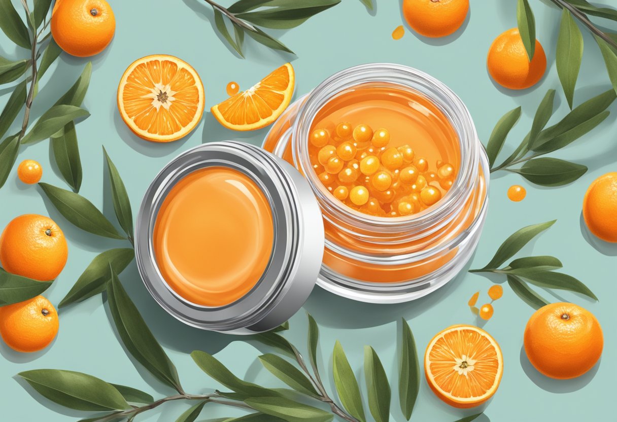 A glass jar filled with vibrant orange lip gloss, surrounded by fresh sea buckthorn berries and scattered orange peels