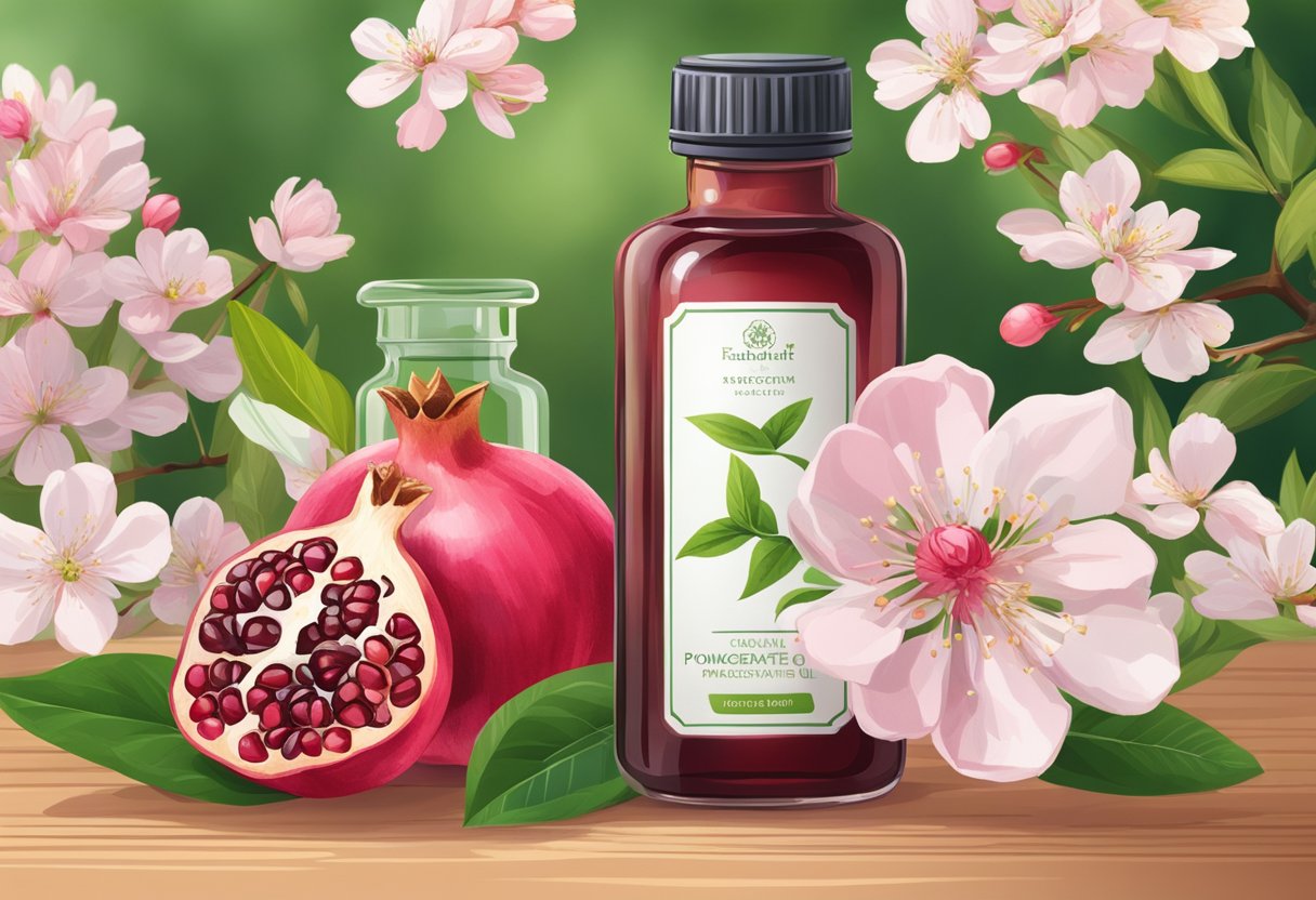 A glass bottle of pomegranate seed oil and cherry blossom extract sits on a wooden table surrounded by fresh flowers and greenery
