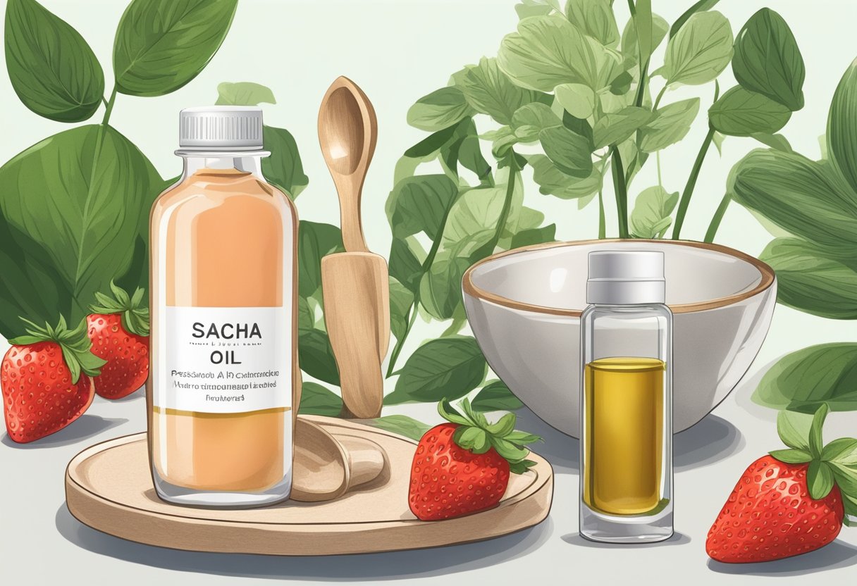 A glass bottle of Sacha Inchi Oil sits next to a bowl of fresh strawberries, surrounded by various plant-based ingredients and utensils for making homemade lip gloss