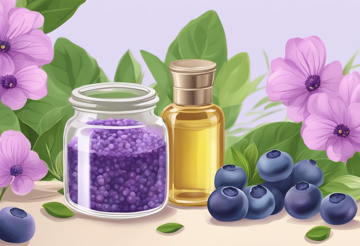 A glass bottle of blueberry seed oil and violet flowers next to a jar of homemade plant-based lip gloss