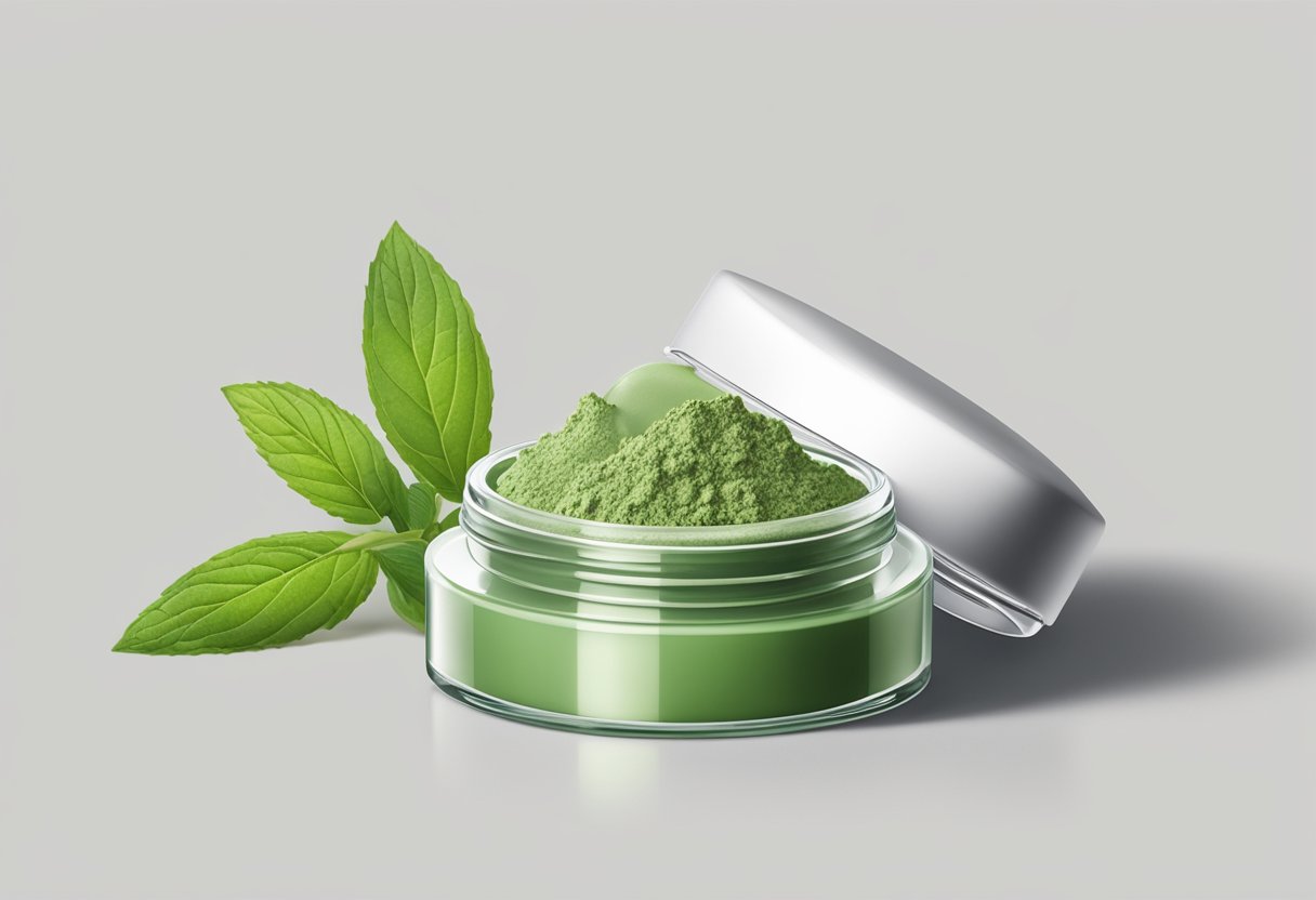 A small jar of matcha powder and a sprig of spearmint next to a glossy lip gloss on a clean, white surface