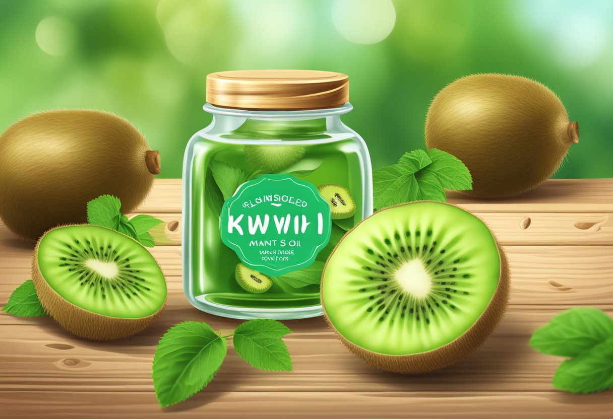 A clear glass jar filled with kiwi seed oil and mint lip gloss, surrounded by fresh kiwi fruits and mint leaves on a wooden surface