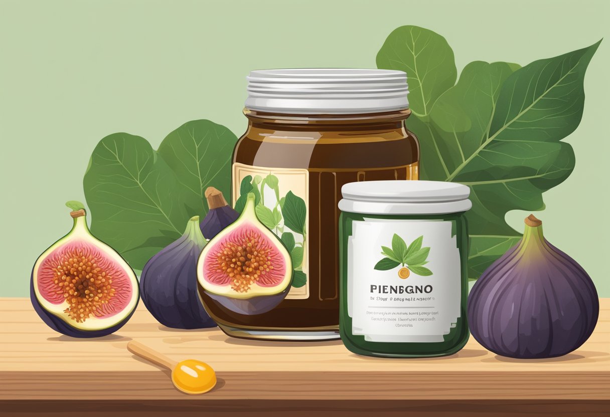 A jar of fig extract and honey sits on a wooden table, surrounded by fresh plant-based ingredients