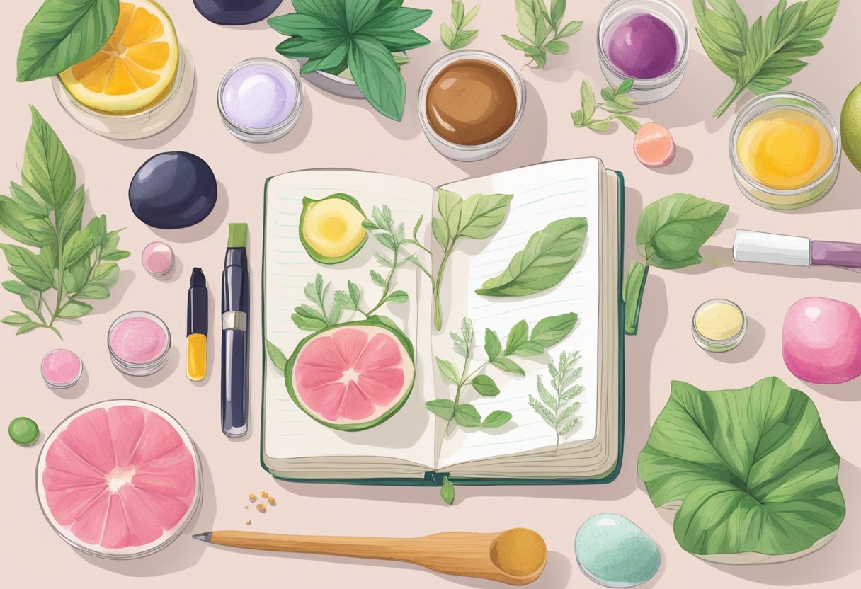 A table filled with various plant-based ingredients and containers, with a notebook open to a page titled "27 Best DIY Homemade Plant-Based Lip Gloss Recipes"