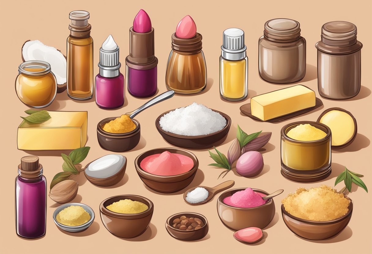 A table filled with various natural ingredients like beeswax, coconut oil, shea butter, and different colored pigments for making homemade lipstick