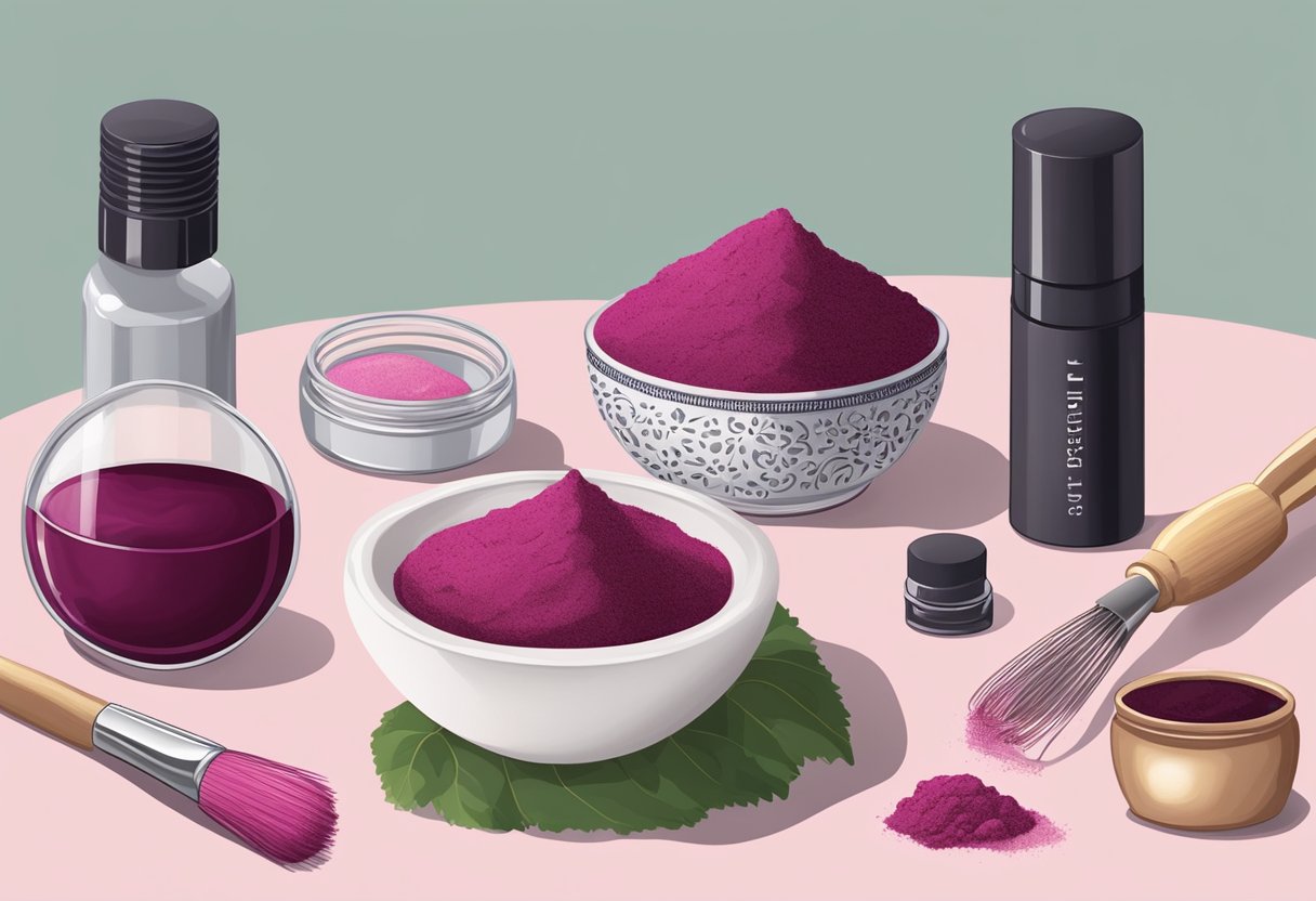 A small bowl of beetroot powder sits next to a dollop of shea butter. A mixing tool hovers above the ingredients, ready to create homemade lipstick