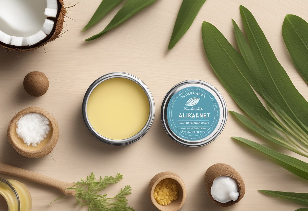 A small pot of alkanet root and beeswax tinted lip balm sits on a wooden table, surrounded by natural ingredients like coconut oil and shea butter