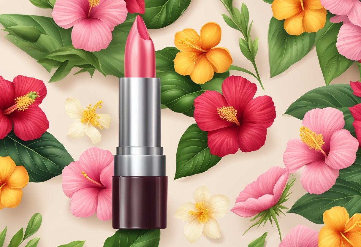 A glossy lipstick tube stands next to a hibiscus flower and a bottle of jojoba oil, surrounded by natural ingredients like beeswax and shea butter