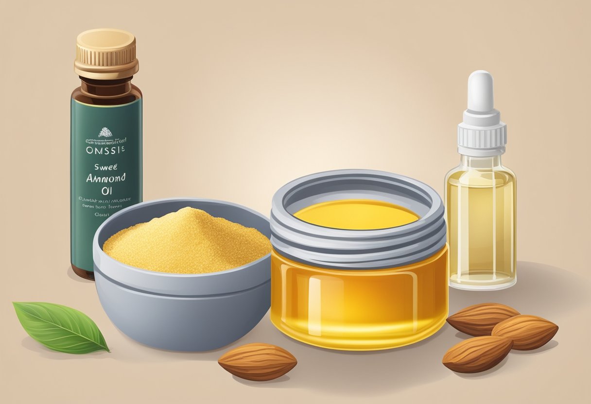 A small container of mica powder sits next to a bottle of sweet almond oil. Both are surrounded by various natural ingredients like beeswax and essential oils