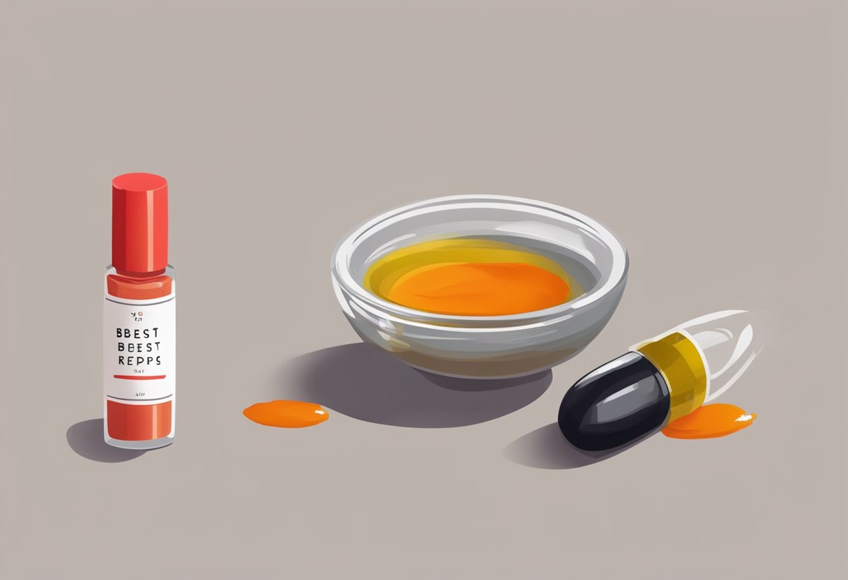 A small glass bowl filled with paprika and olive oil, next to a tube of warm red lipstick labeled "32 Best DIY Homemade Lipstick Recipes with Natural Ingredients."