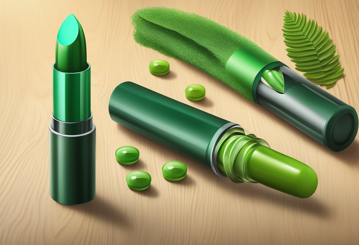 A vibrant green lipstick tube surrounded by spirulina and vitamin E capsules on a natural wooden surface