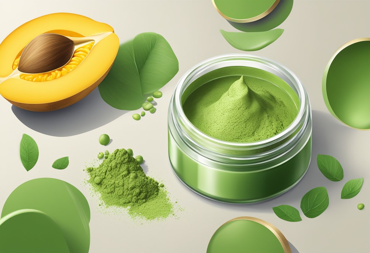 A small container of homemade green lipstick surrounded by matcha powder and mango butter, with natural ingredients scattered around