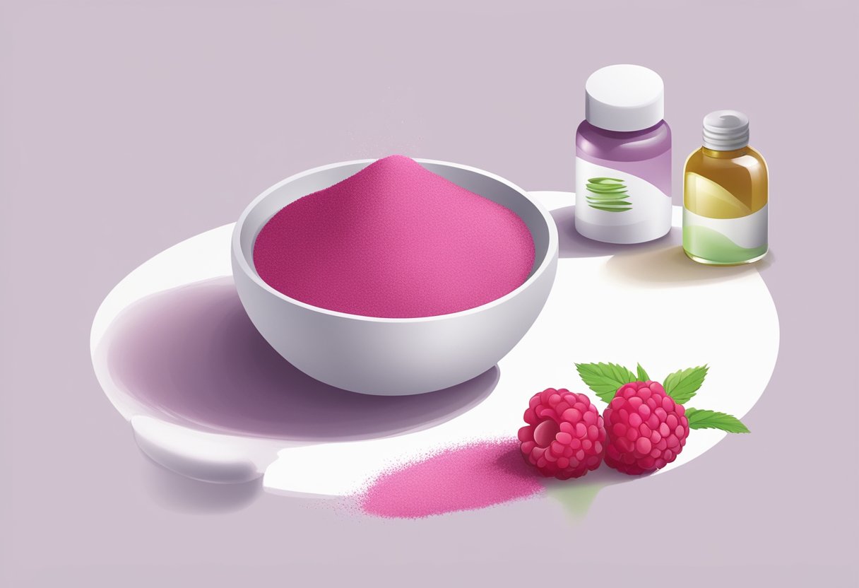 A small bowl of raspberry powder and a bottle of grapeseed oil sit on a clean, white surface. The ingredients are ready to be mixed together to create a natural berry lipstick