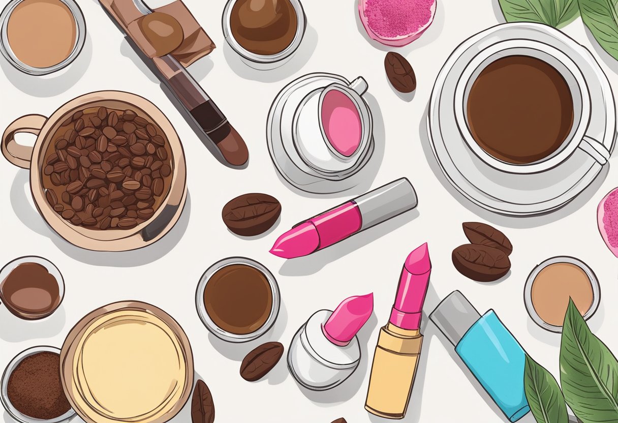 A table with homemade lipstick ingredients: espresso, cocoa butter, and coffee. Recipe book titled "32 Best DIY Homemade Lipstick Recipes with Natural Ingredients" nearby