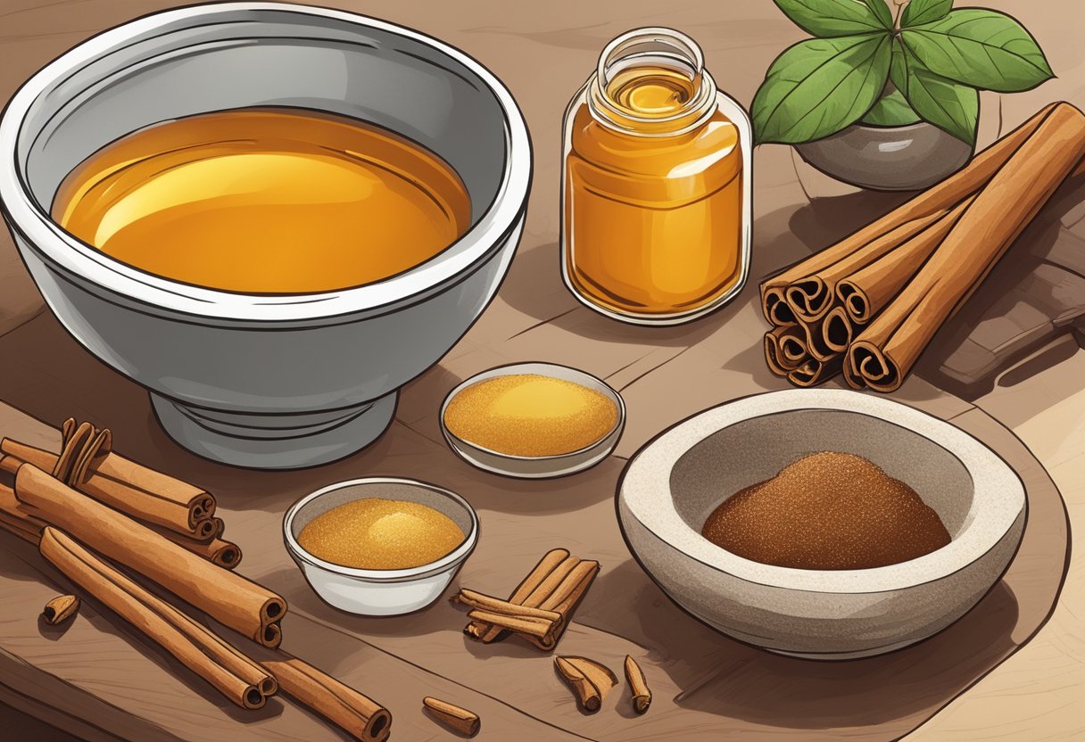 A small bowl of cinnamon and honey sits on a table, surrounded by various natural ingredients. A mortar and pestle is nearby, ready for mixing