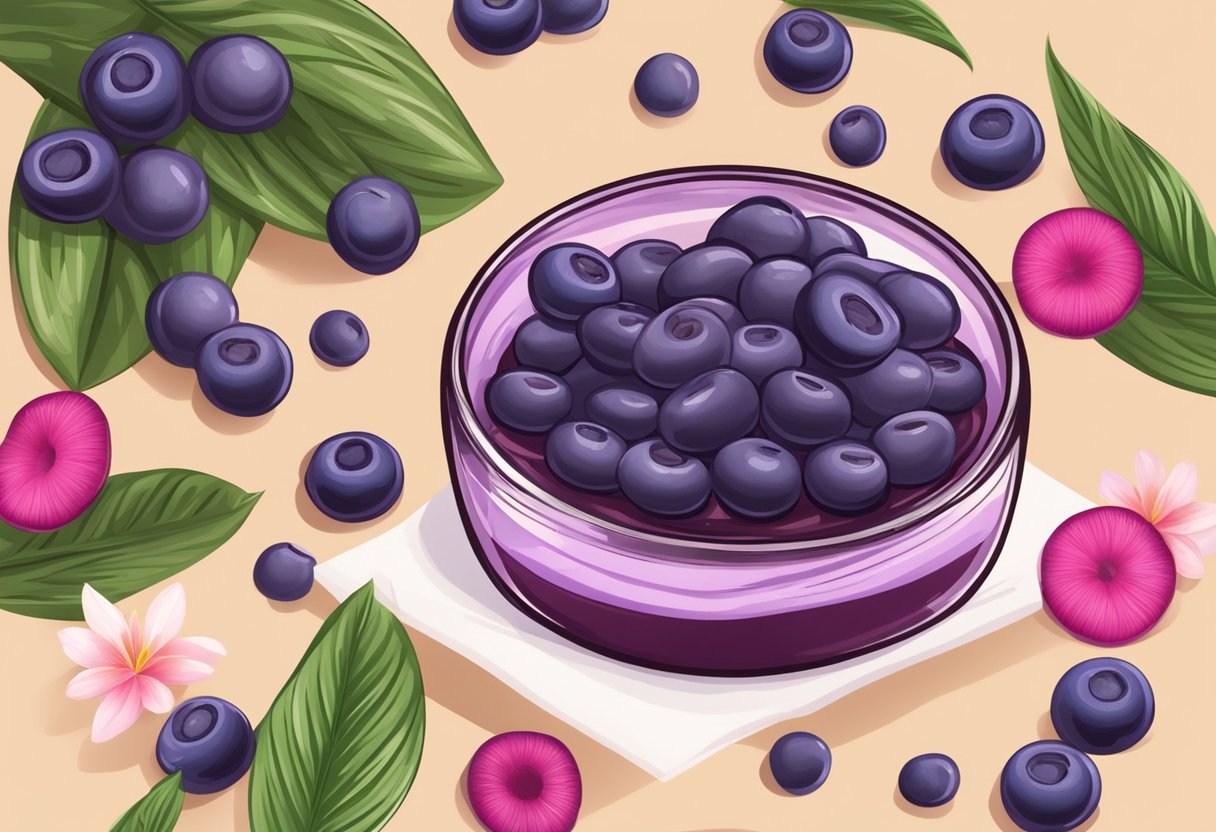 Acai berries and lanolin are mixed in a bowl, creating an anti-aging lipstick. Natural ingredients surround the process