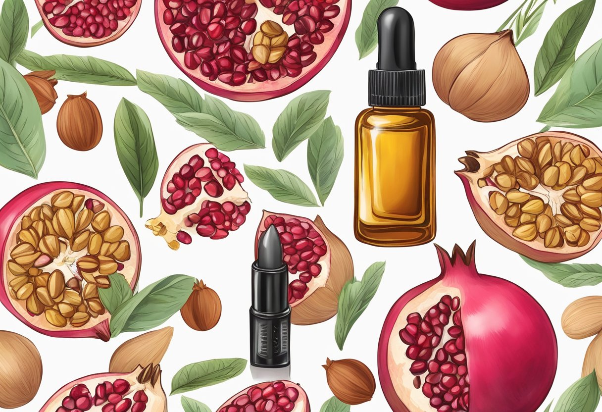 A pomegranate and argan oil lipstick surrounded by natural ingredients for DIY recipes
