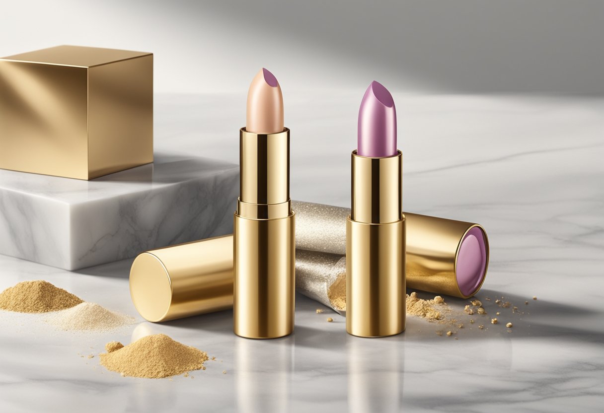 A tube of metallic lipstick sits on a marble countertop, surrounded by gold mica and shea butter. Ingredients for homemade lipstick recipes are scattered around