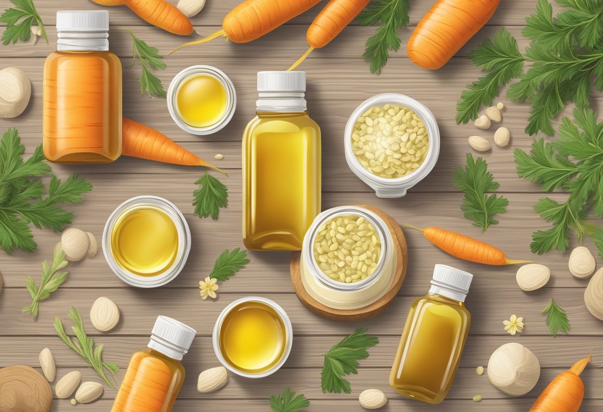 A small glass jar filled with carrot seed oil and beeswax sits on a wooden table, surrounded by various natural ingredients and essential oils