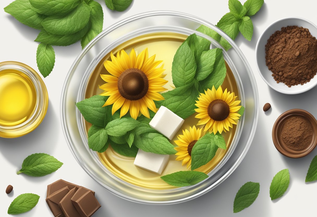 A clear glass bowl filled with peppermint and sunflower oil, surrounded by natural ingredients like beeswax and cocoa butter